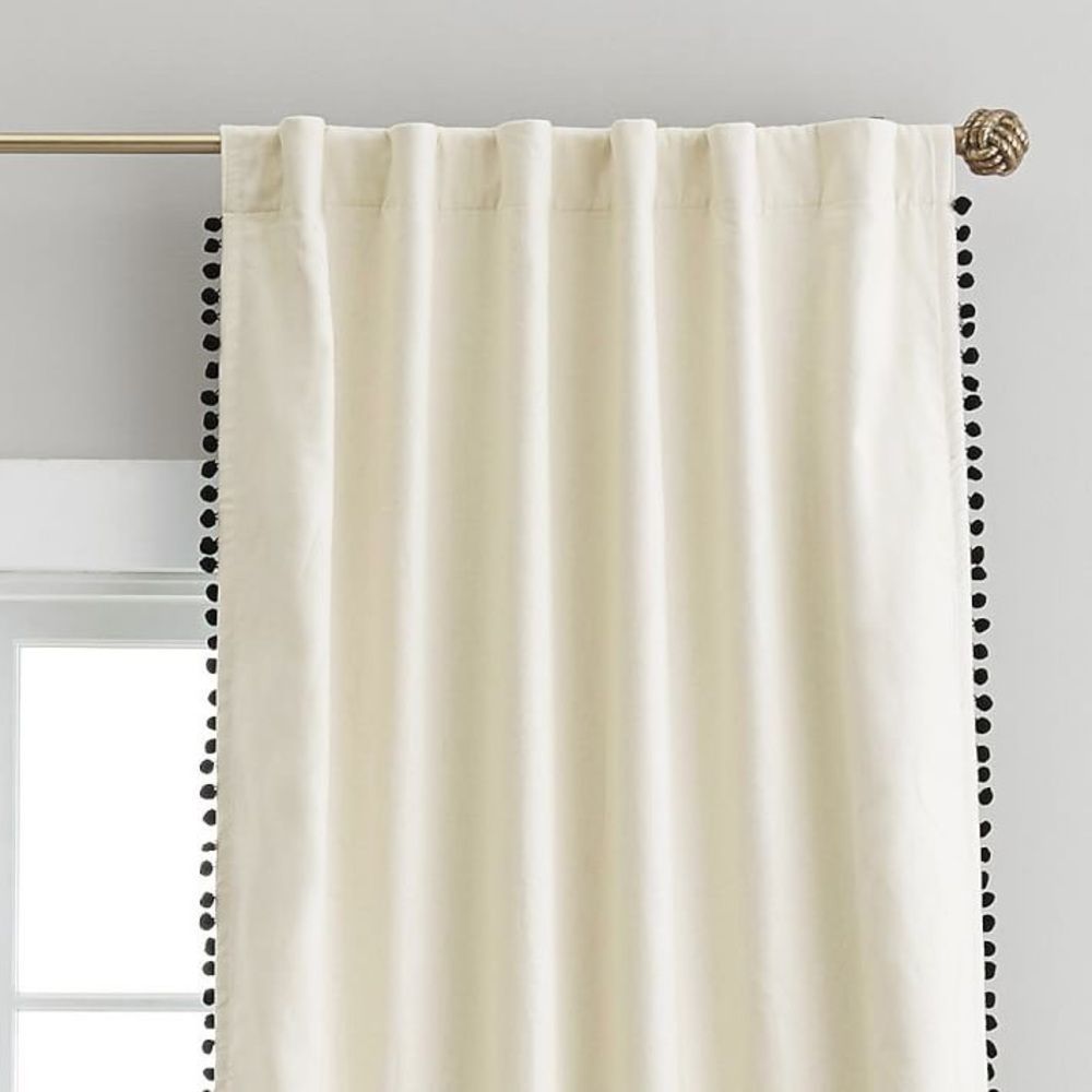 Pottery Barn teens x Emily & Meritt blackout curtains with black Pom Pom’s